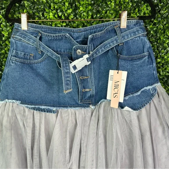 Nwt Micas Denim Mesh Patchwork High Waist denim and tulle Skirt - Picture 11 of 17